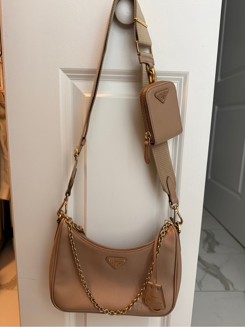 Prada Beige Saffiano Shoulder Bag with Gold Chain and Strap Pouch